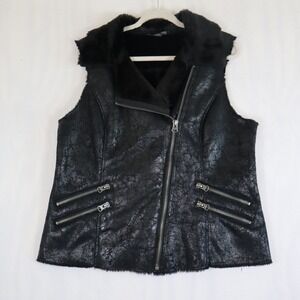 INC Moto Vest Large Black Faux Leather Fur Grunge Streetwear Alternative Y2K